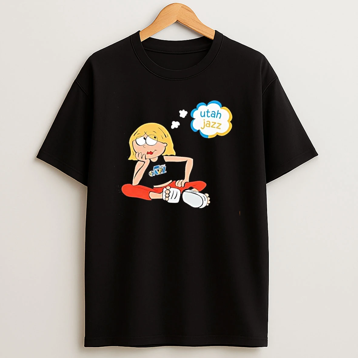 Officials Utah Jazz Nba Cartoon Blonde Girl Sitting Thinking Mens T Shirt Sweatshirt