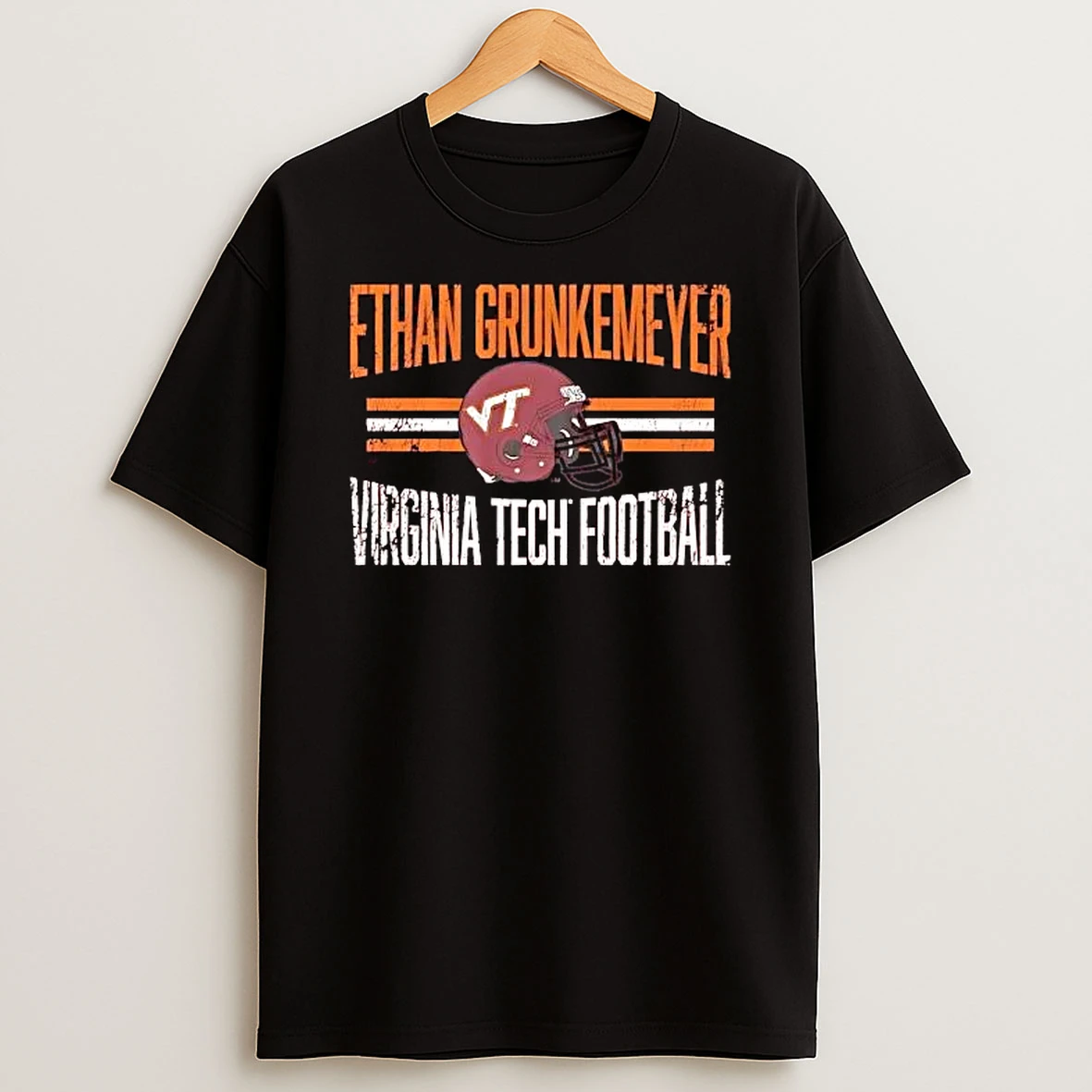 Officials Virginia Tech Hokies Ncaa Football Ethan Grunkemeyer Distressed Helmet Orange Stripes Premium T Shirt Sweatshirt Hoodie