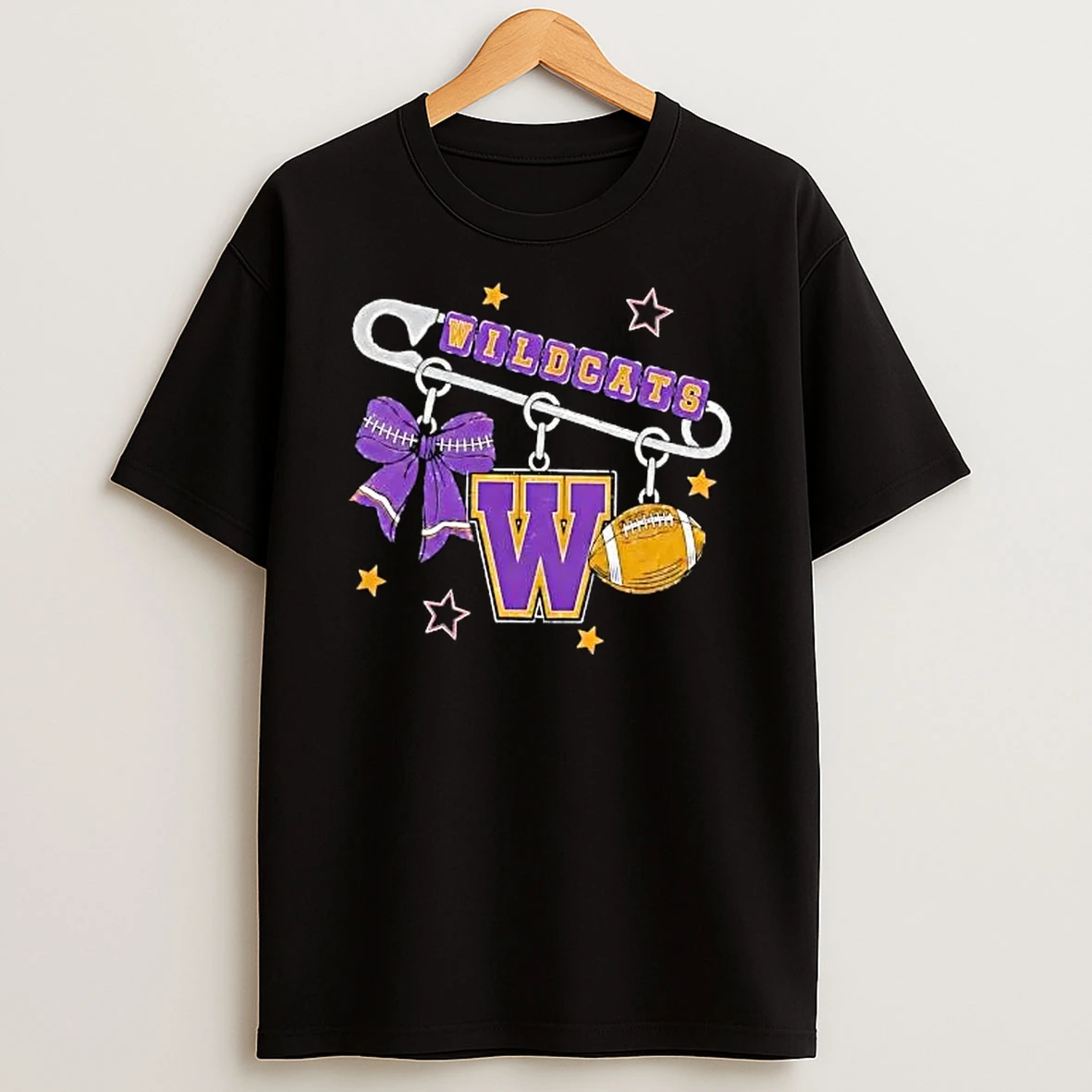 Officials Wildcats Distressed Safety Pin Bow Letter W Football Charm Premium T Shirt Sweatshirt Hoodie