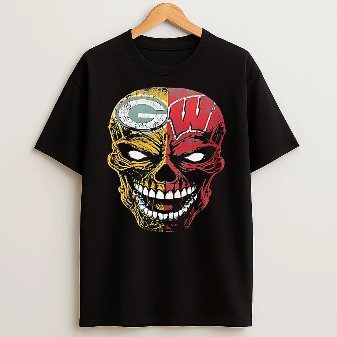 Officials Wisconsin Fan Gear Green Bay Packers Badgers Skull Black Premium T Shirt Sweatshirt Hoodie