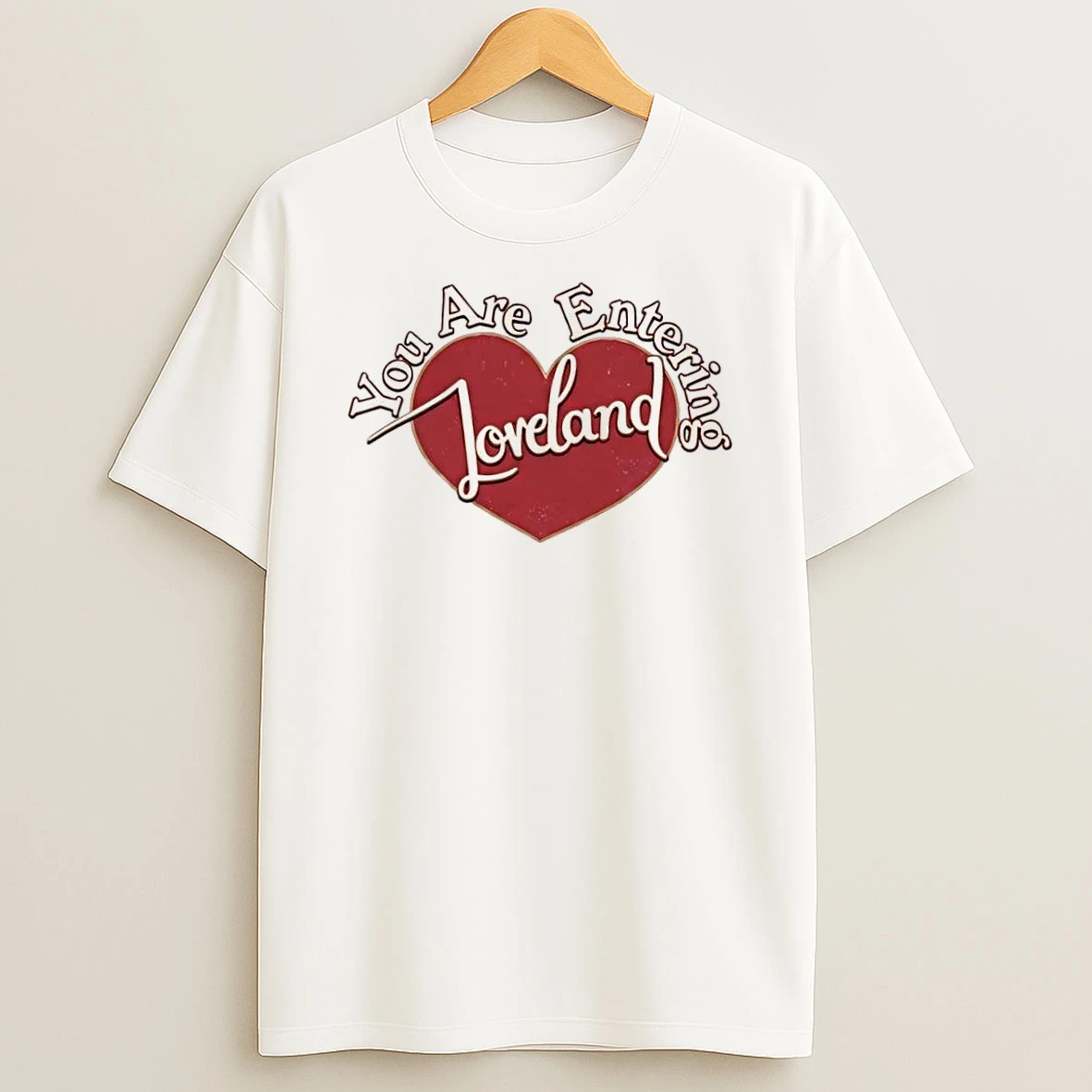 Officials You Are Entering Loveland Red Heart Gold Outline Vintage Script White Womens Premium T Shirt Sweatshirt Hoodie