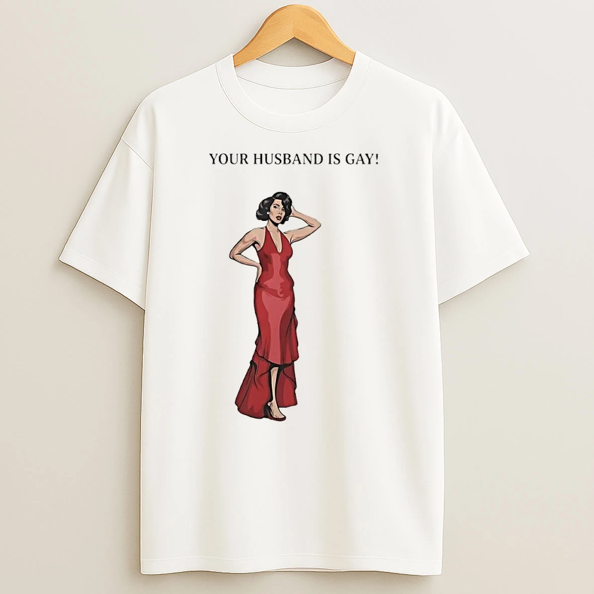 Officials Your Husband Is Gay Cartoon Woman In Red Dress Touching Hair T Shirt Sweatshirt