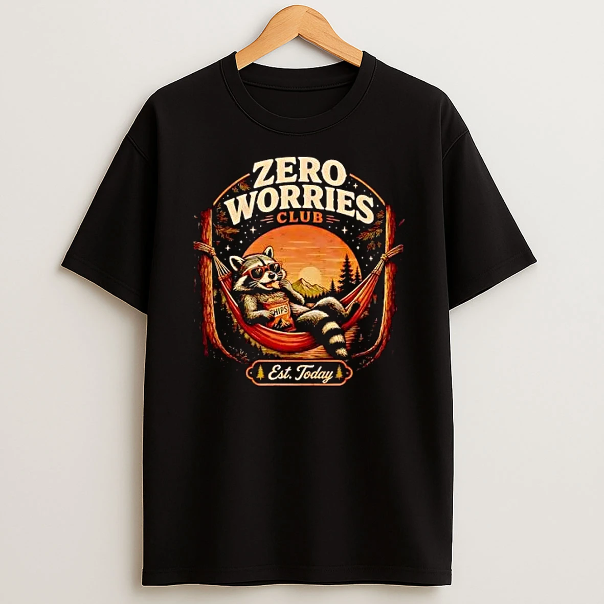 Officials Zero Worries Club Est Today Retro Raccoon Sunglasses Hammock Eating Chips Sunset Premium T Shirt Sweatshirt Hoodie