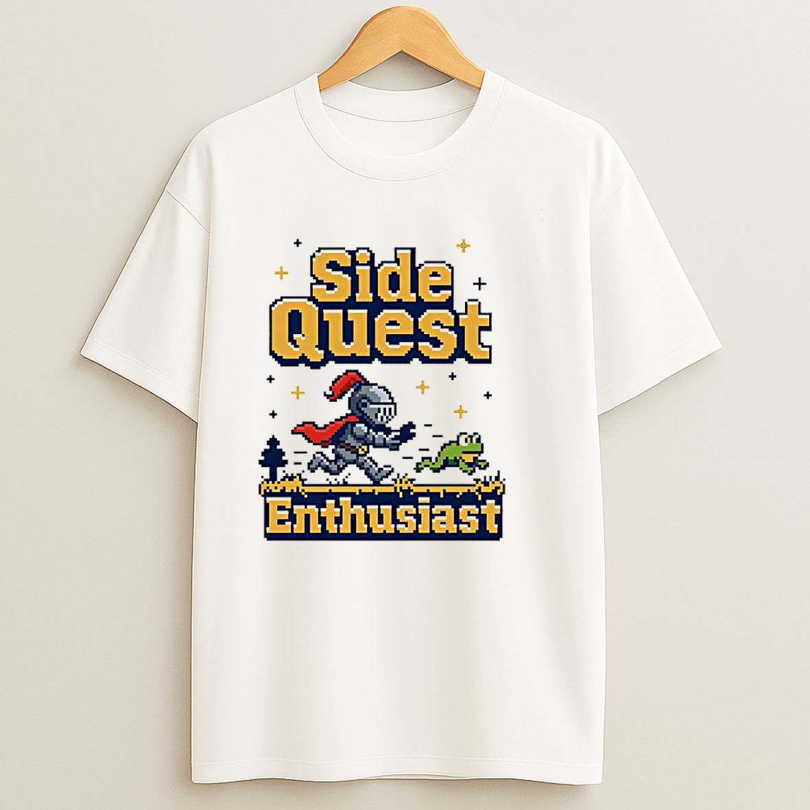 Original Side Quest Enthusiast Knight Chasing Frog Pixel Art Gaming T Shirt