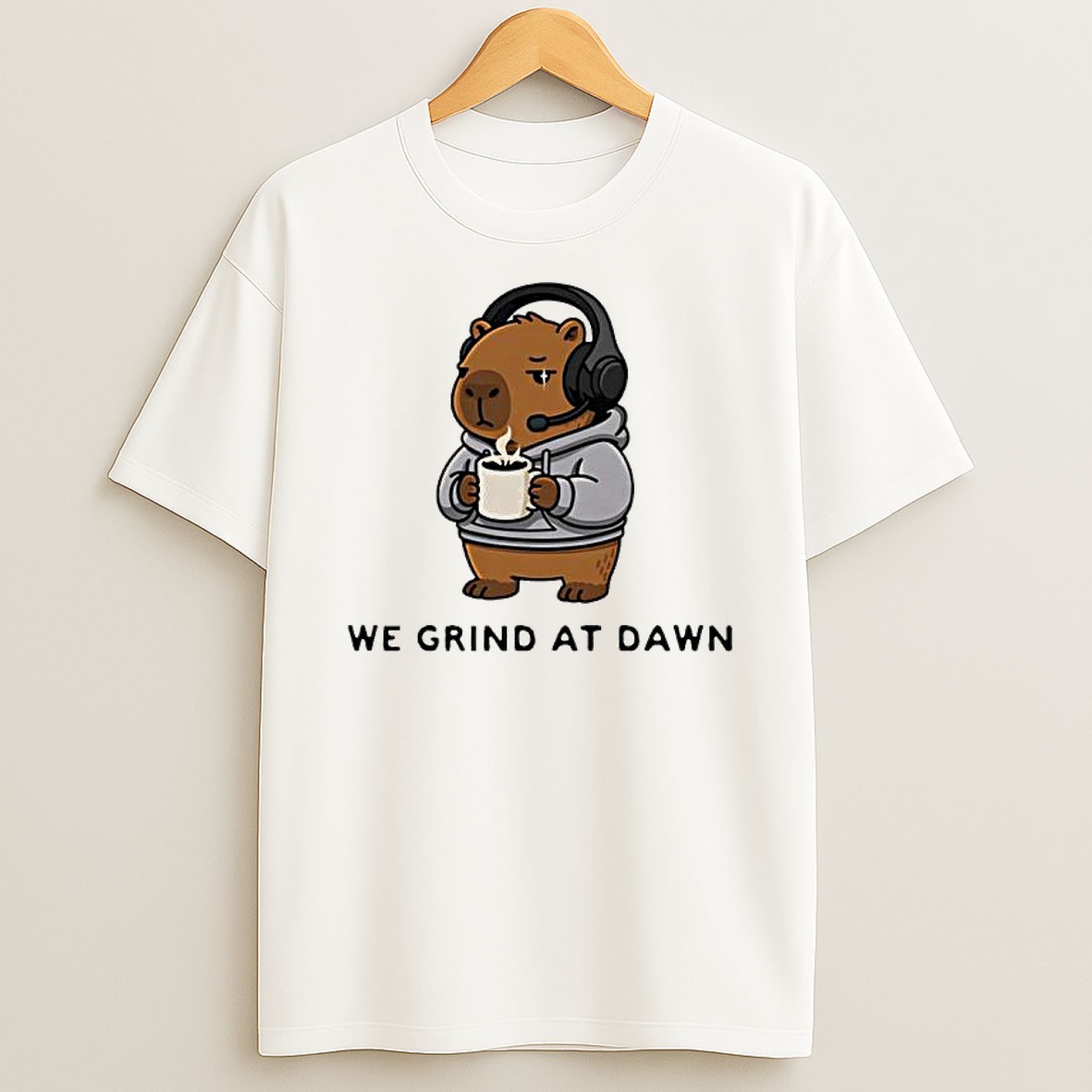 Original We Grind At Dawn Gamer Gaming Capybara With Coffee And Headset T Shirt