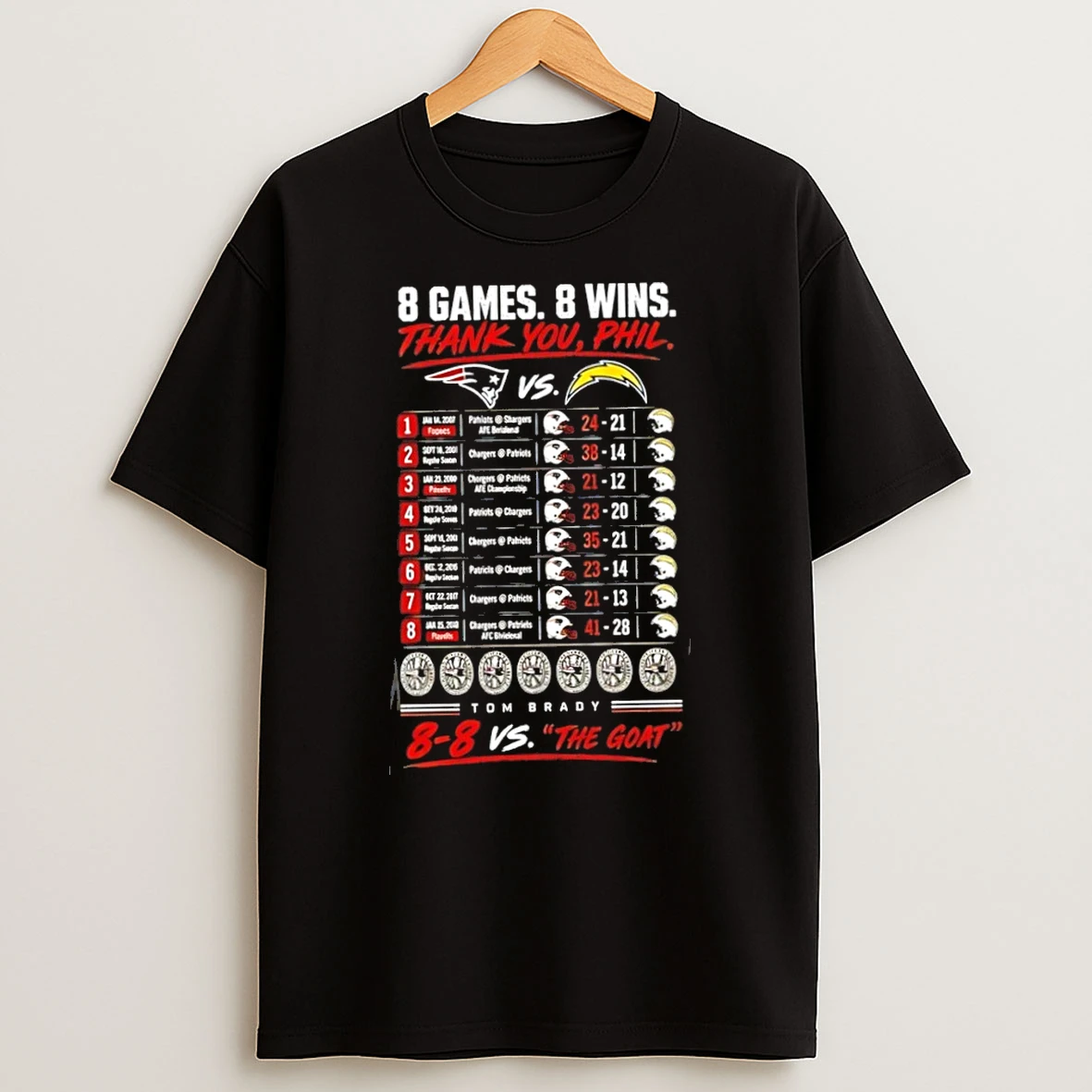 Patriots Vs Chargers 8 Game 8 The Goat Wins Than You Phil T Shirt