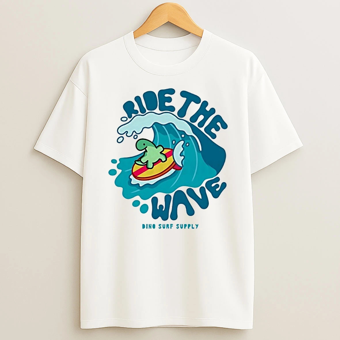 Ride The Wave Dino Surf Supply Dinosaur T Shirt
