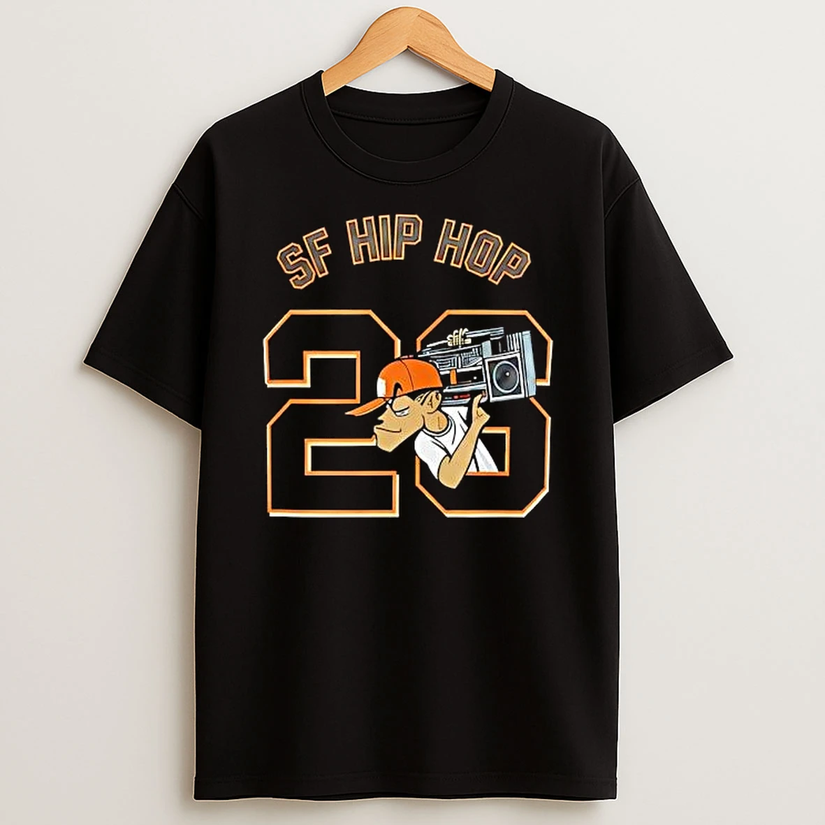 Sf Hip Hop 28 Cartoon Character Carrying Boombox Orange Cap T Shirt