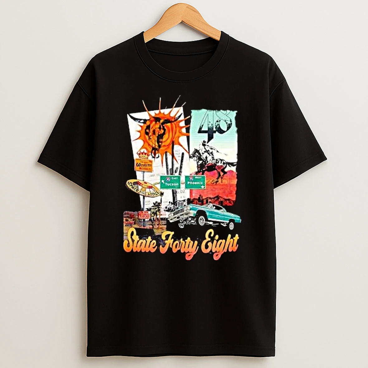 State Forty Eight Tucson Phoenix Space Age Lodge Vintage Steer Skull Cowboy Cactus Lowrider Car Collage T Shirt