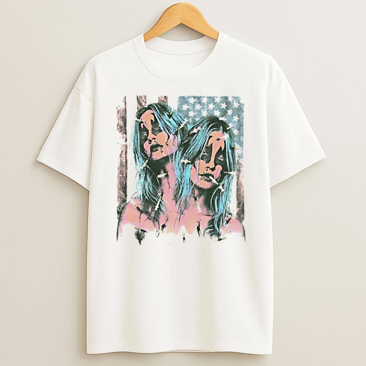 Two Women With Needles And American Flag Overlay Graphic T Shirt