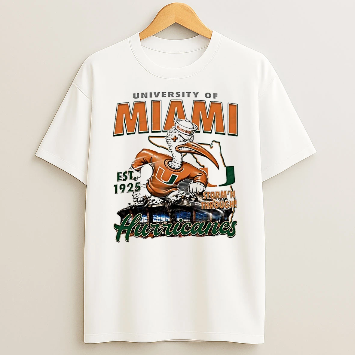 University Of Miami Hurricanes Est 1925 Storm N Through Mascot T Shirt