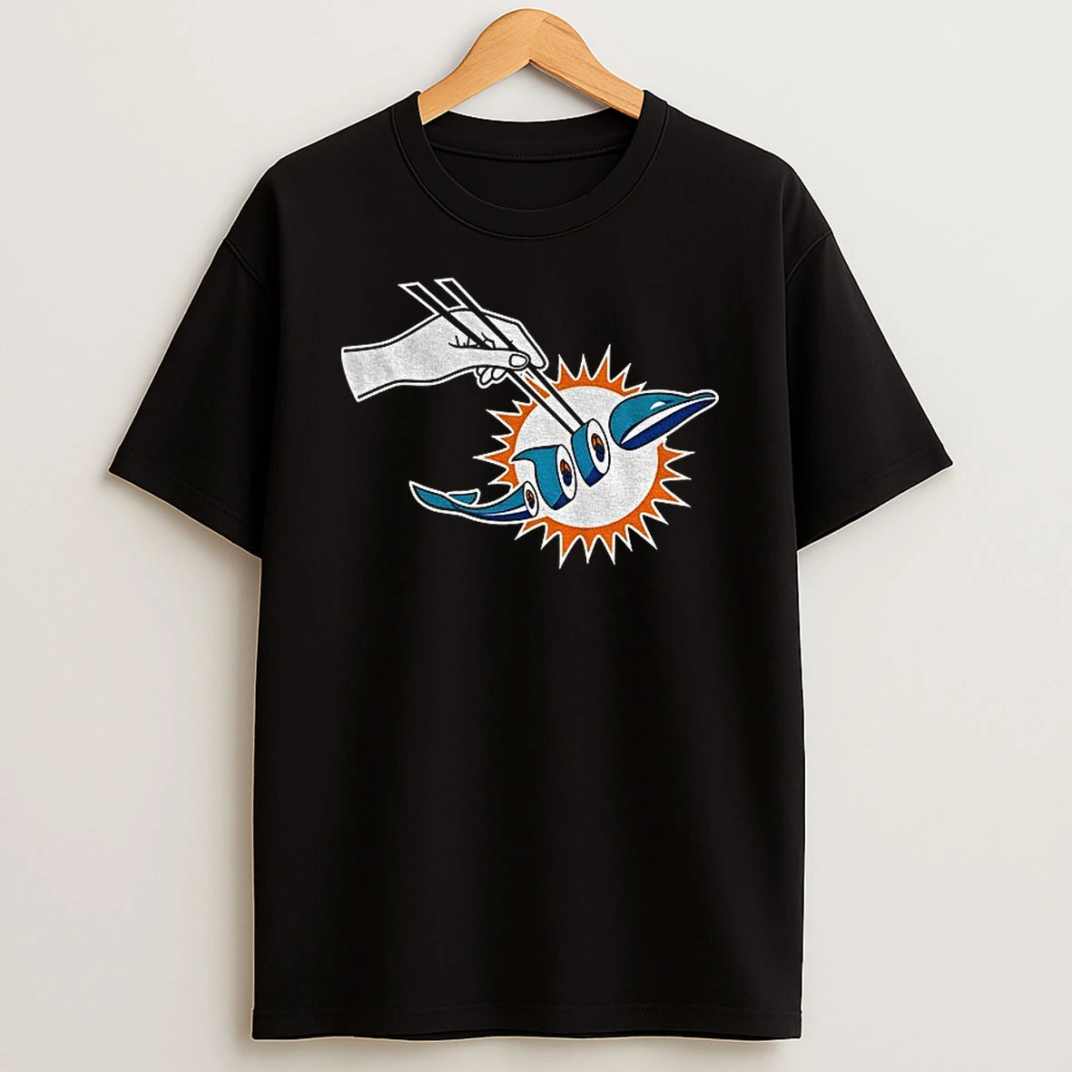 Classic Chopstick Dolphin Shushi Slice Miami Dolphin Parody Logo T Shirt