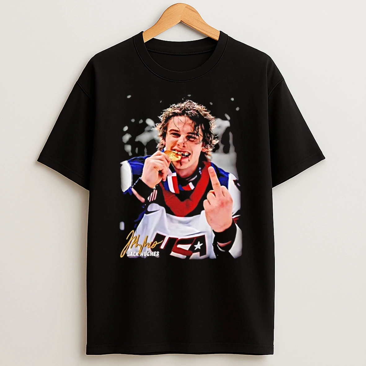 Classic Jack Hughes Usa Hockey Champions Medal And Middle Finger Signature T Shirt