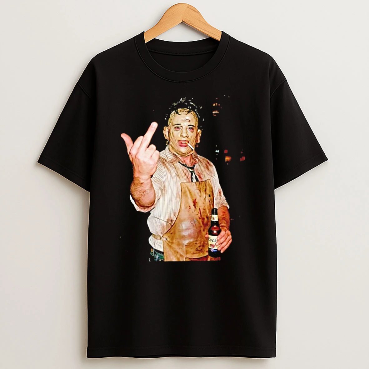 Classic Leatherface The Texas Chainsaw Massacre Middle Finger Smoking And Beer Halloween T Shirt