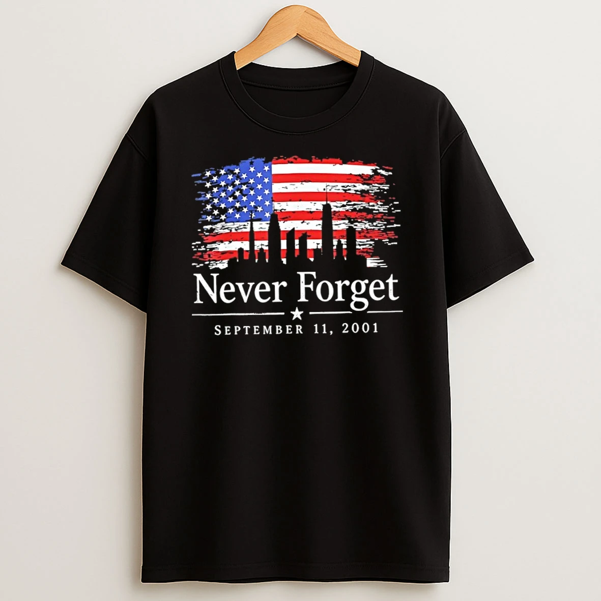 Classic Never Forget September 11 2001 City Skyline American Flag T Shirt