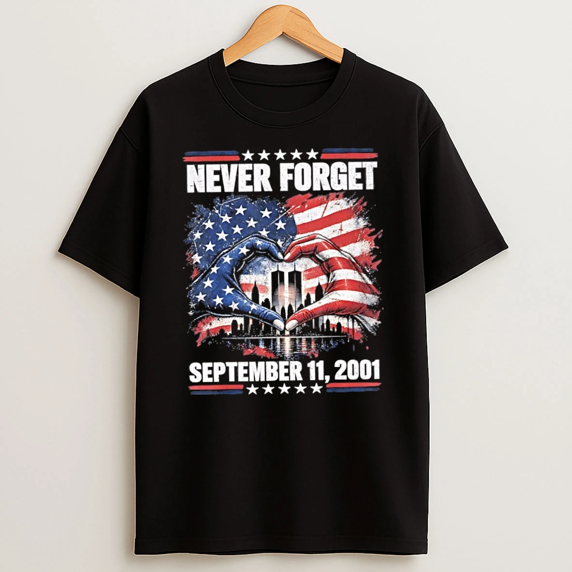 Classic Never Forget September 11 2001 Memorial Day Hand Heart American Flag T Shirt