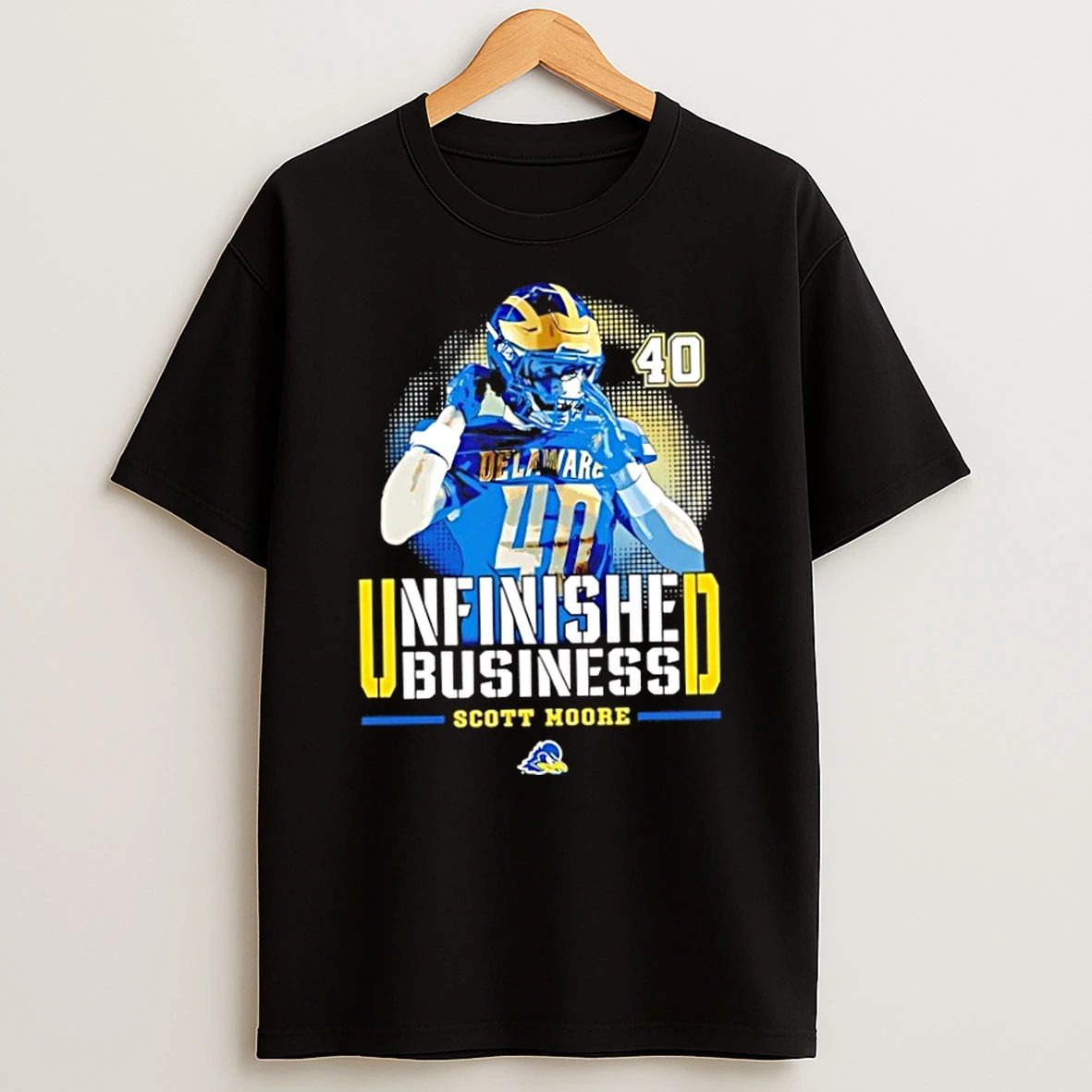 Classic Scott Moore 40 Delaware Blue Hens Ncaa Football Unfinished Business T Shirt