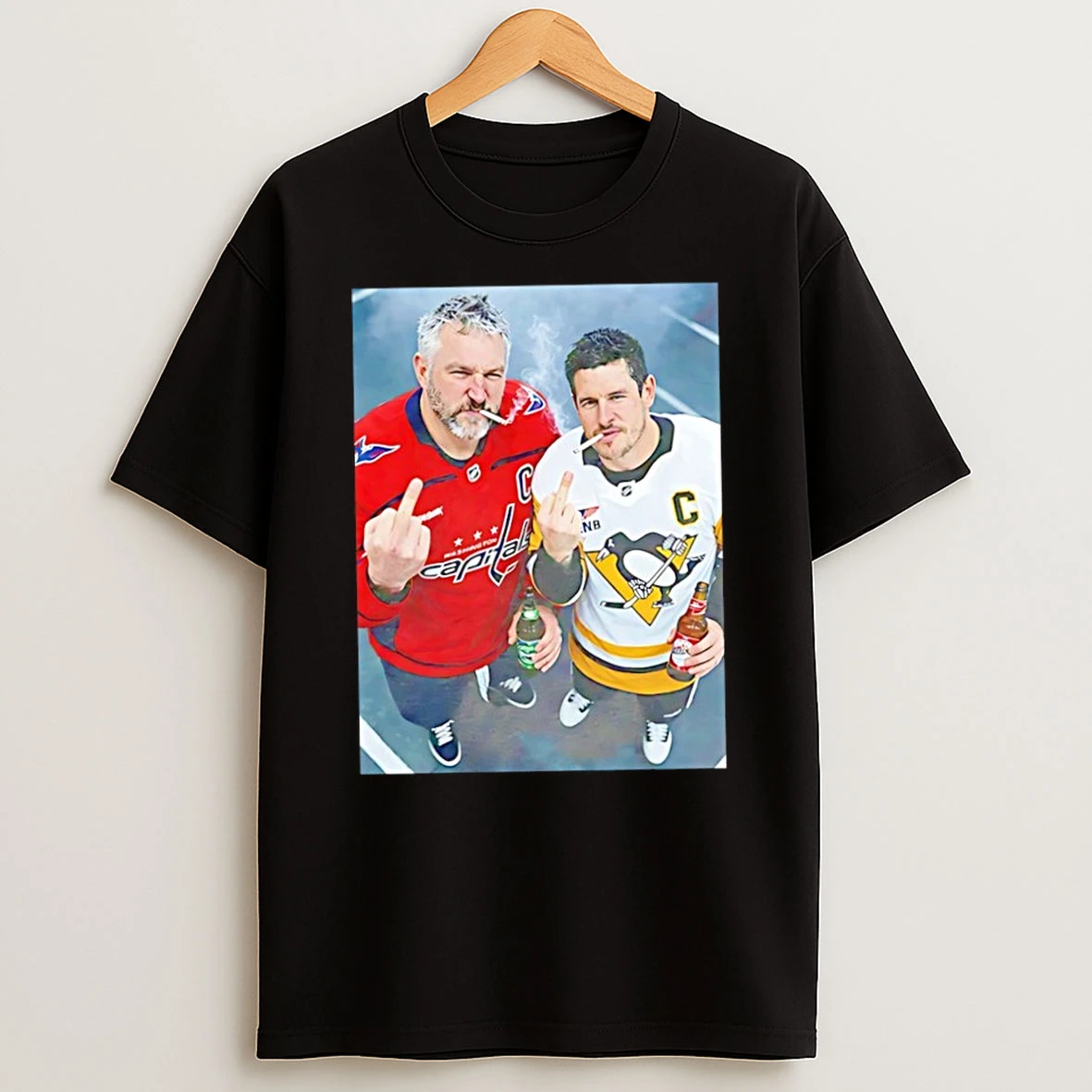 Classic Sidney Crosby And Hockey Rivals Together Middle Finger Smoking And Beer Photo T Shirt