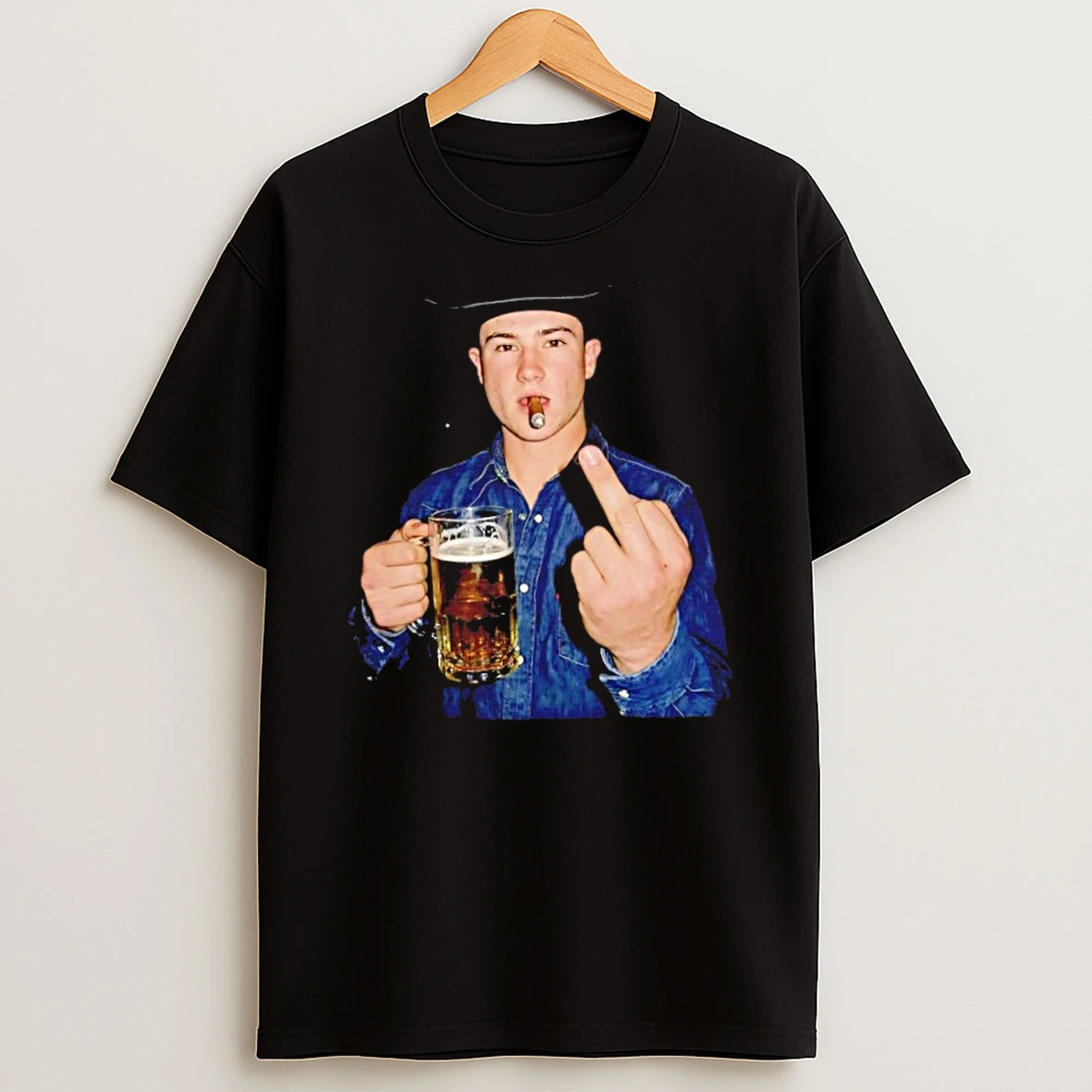 Classic The Phenom Cowboy Hat Middle Finger Smoke A Cigars And Beer T Shirt