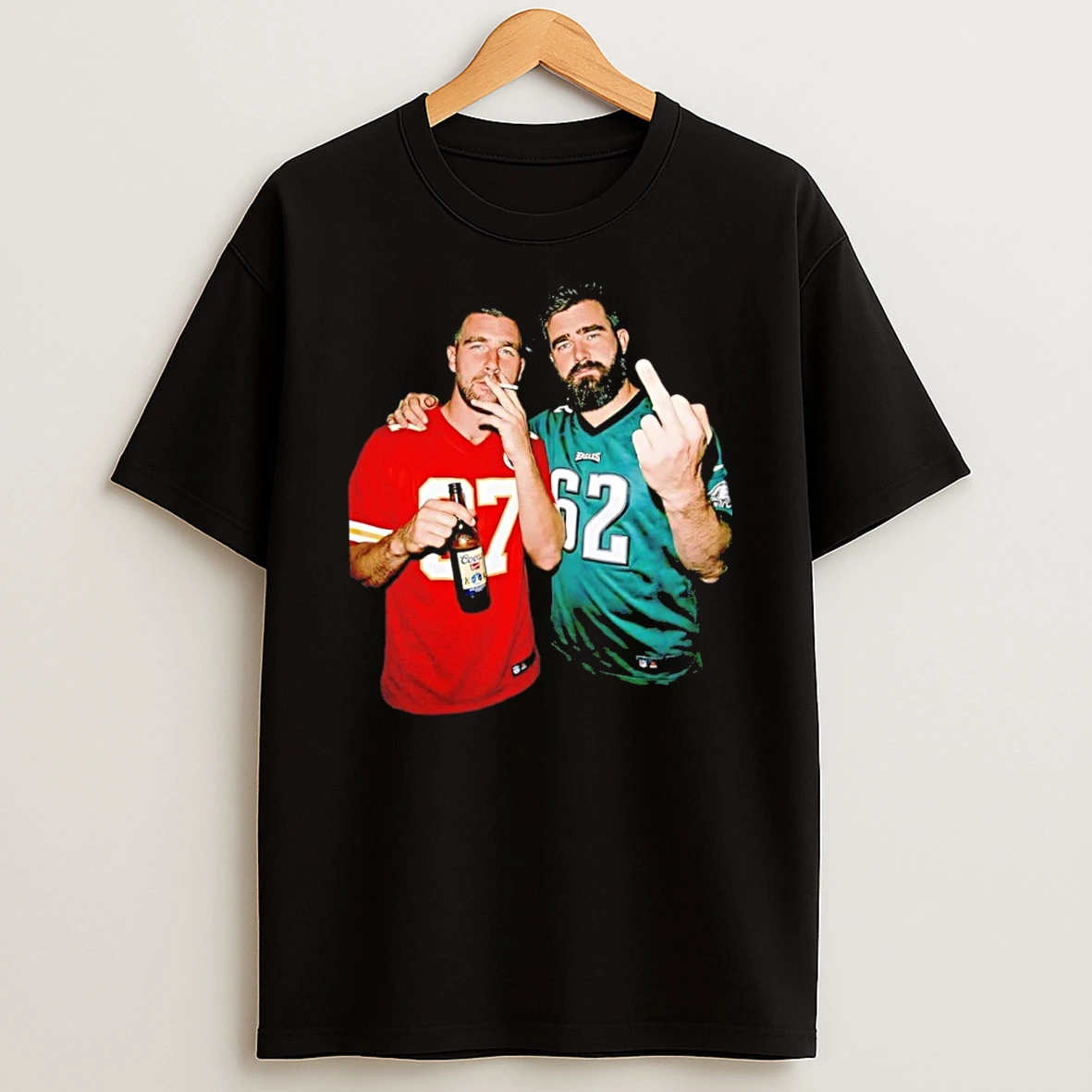 Classic Travis Kelce Kansas City Chiefs And Jason Kelce Philadelphia Eagles Middle Finger Smoking And Beer T Shirt