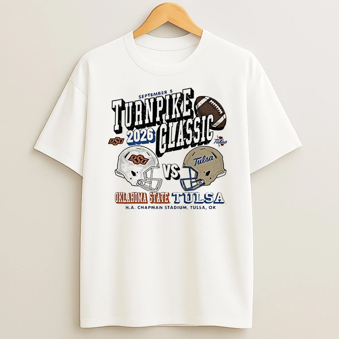 Classic Tulsa Golden Hurricane Vs Oklahoma State Cowboys 2026 Turnpike Classic Helmet T Shirt