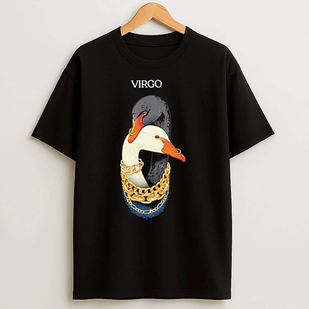 Classic Virgo Black And White Swans With Gold Chains T Shirt