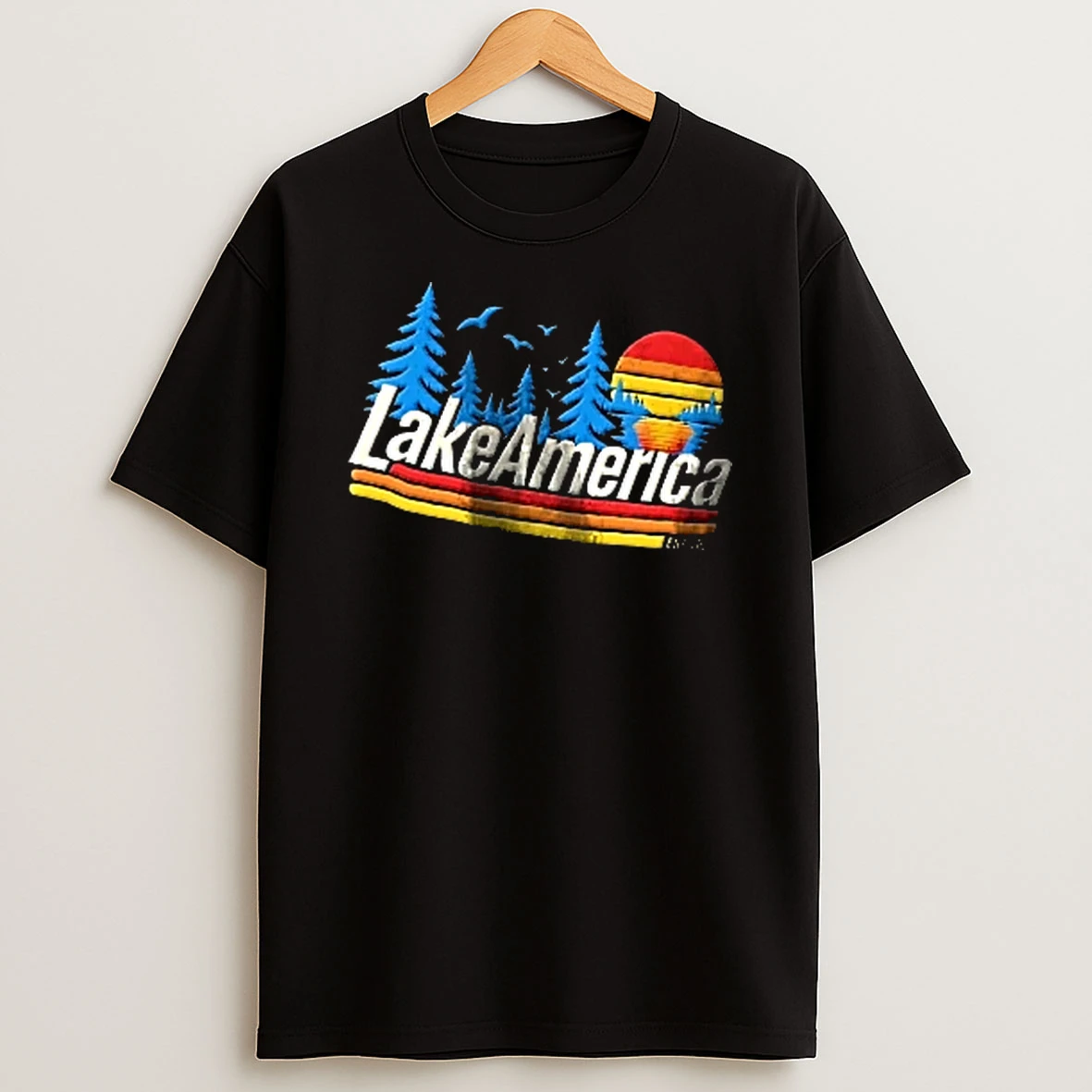 Officials Lakeamerica Est 2023 Retro Sunset Pine Trees Birds Water Reflection Men T Shirt Sweatshirt