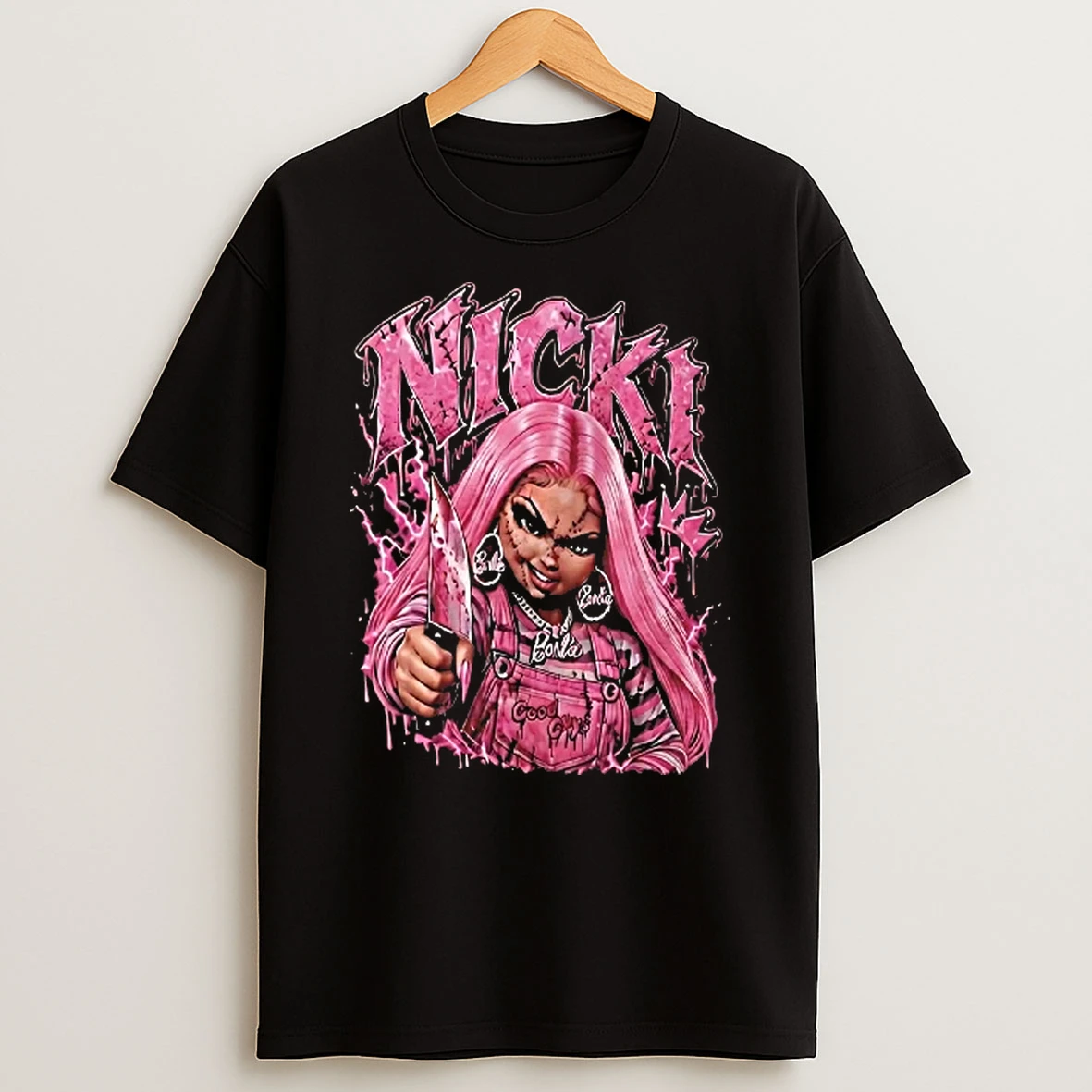 Officials Nicki Minaj Chucky Good Guys Barbie Pink Doll Holding Bloody Knife T Shirt Sweatshirt