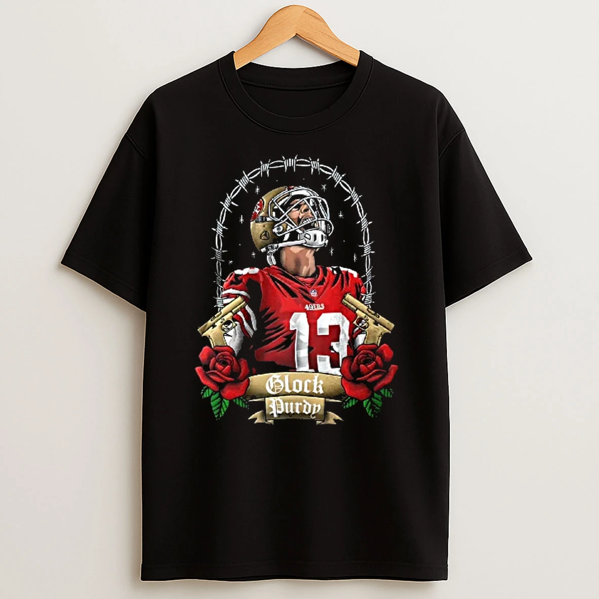 Officials San Francisco 49ers Nfl Glock Purdy Screaming Player Gold Handguns Red Roses Barbed Wire Youth T Shirt Sweatshirt