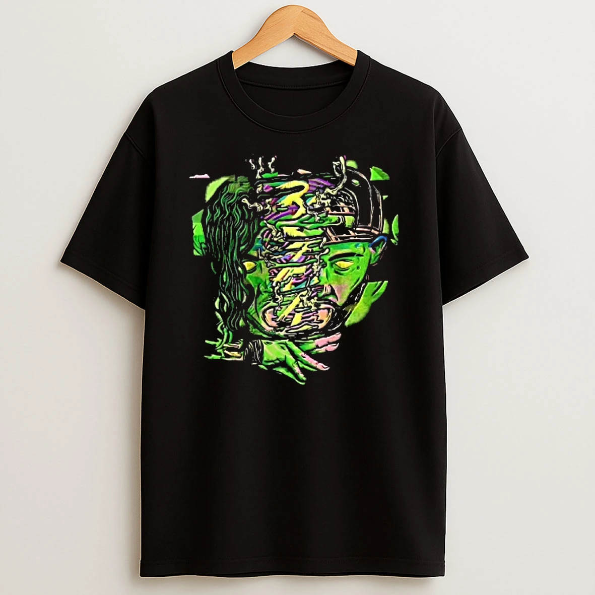 Officials Split Green Head With Glowing Yellow Eyes Neon Halftone Cartoon Youth T Shirt Sweatshirt